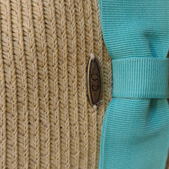 Charming Charlie Women's Tan Paper Straw Woven Fedora With Turquoise Bow Band - Picture 3 of 13